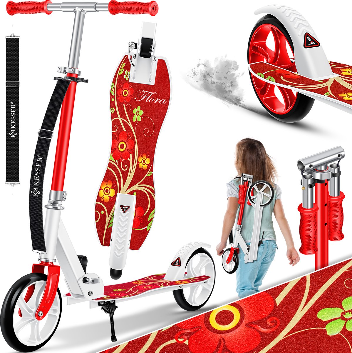 KESSER® Kinderstep Scooter | Opvouwbare Scooter voor Kinderen | Cityscooter | Voetrem | In hoogte verstelbaar Kinderstepjes - Flora Rood